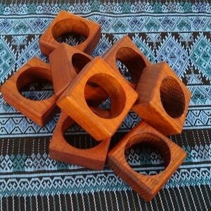 Teak Hand Carved Napkin Rings Vintage Wood Set of 8